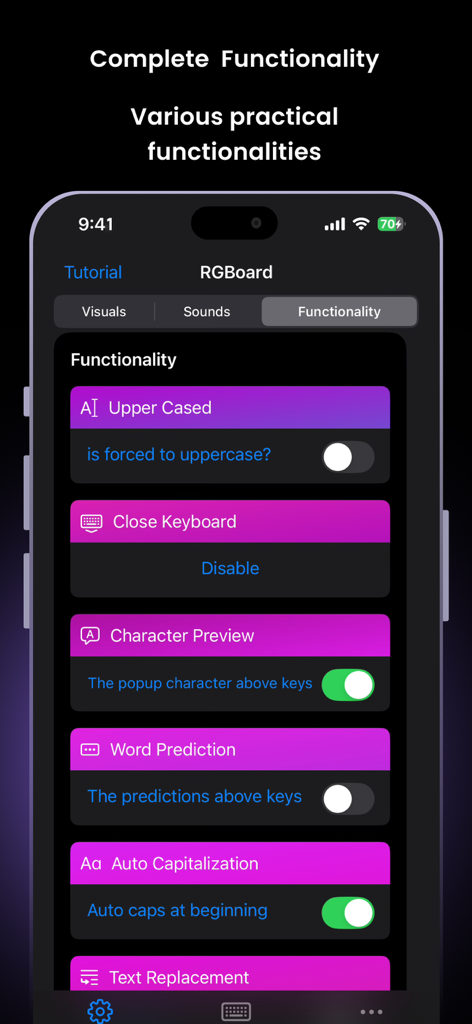 RGBoard: Animated Keyboard - RGBoard app settings screen displaying various practical functionalities like word prediction and auto capitalization.