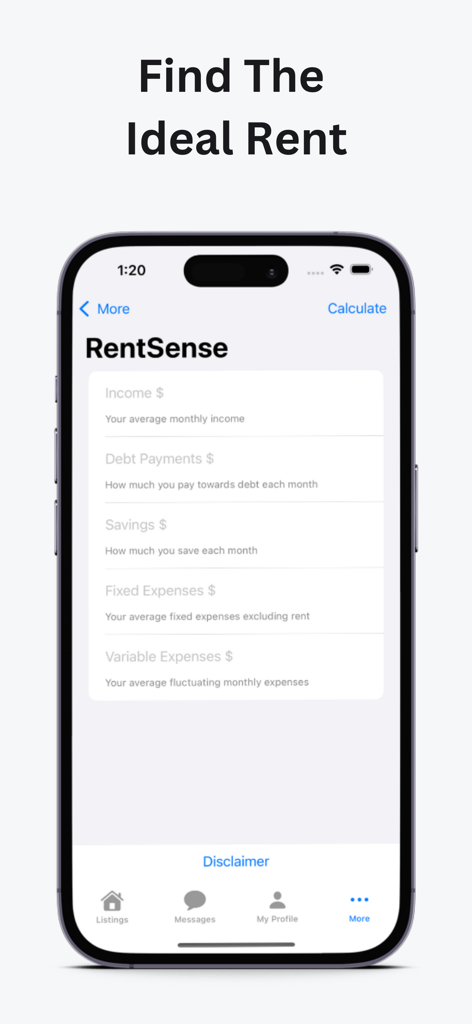 Roomie - Find a Roommate - Roomie app RentSense interface for calculating an affordable monthly rent budget based on income and expenses