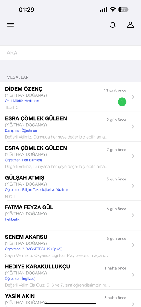 Veli İletişim Üçgeni - Interface of the Veli Iletisim Ucgeni app showing a list of messages from teachers and school staff to parents