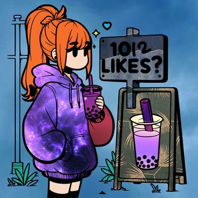 girl with oversized hoodie drinking boba and she has a high ponytail with a sign that says 10likes?