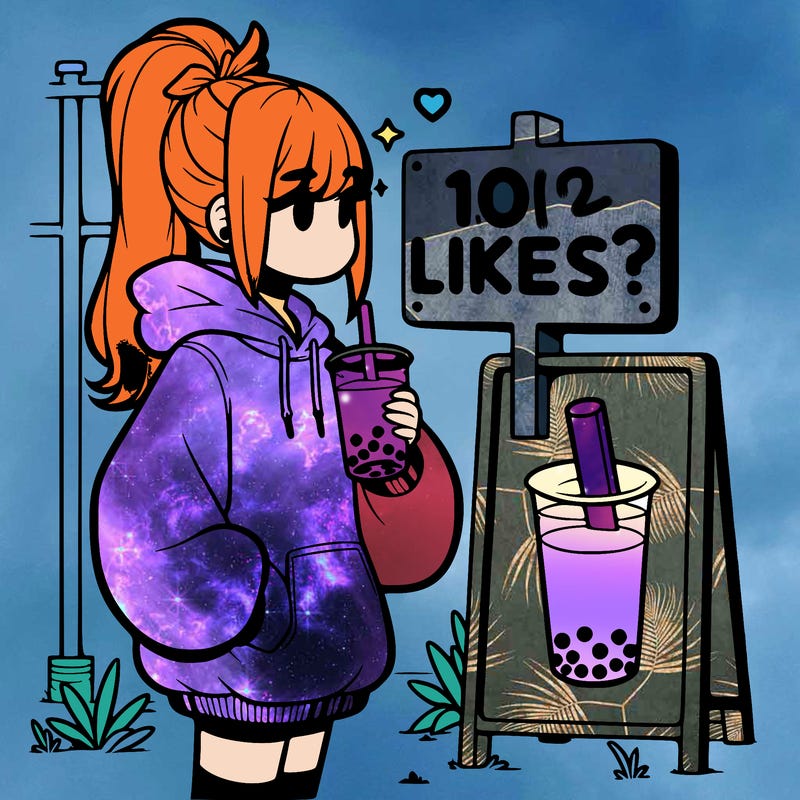 girl with oversized hoodie drinking boba and she has a high ponytail with a sign that says 10likes?