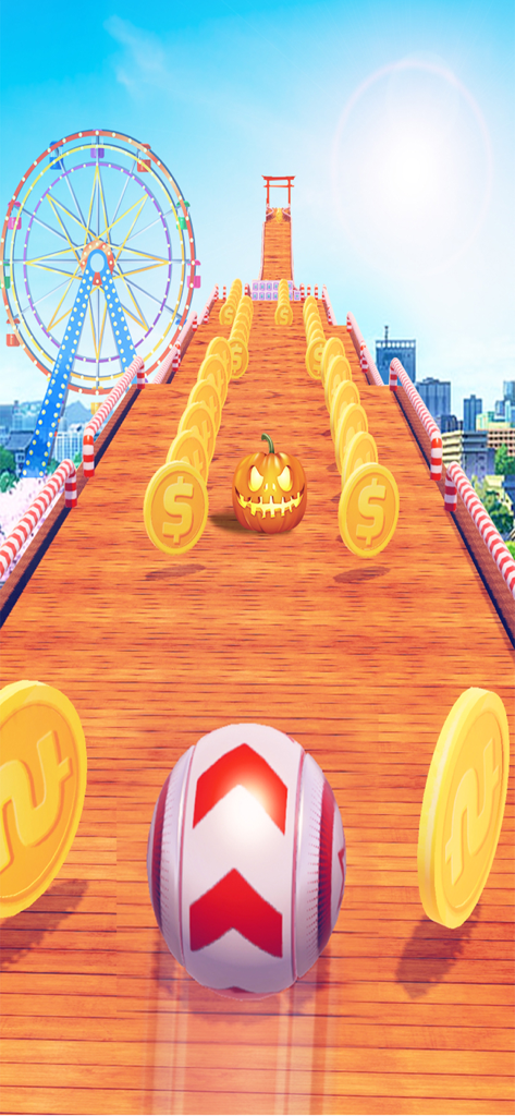 Crazy Balance Rolling Ball 3D - A 3D ball rolling on a track avoiding a pumpkin obstacle near a Ferris wheel
