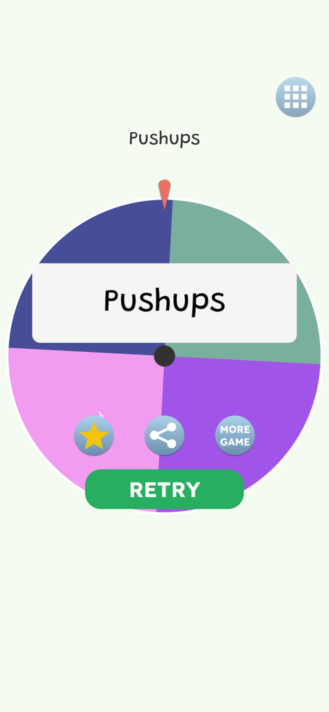 Wheel Maker Random app interface showing a colorful decision wheel that has landed on the result Pushups.