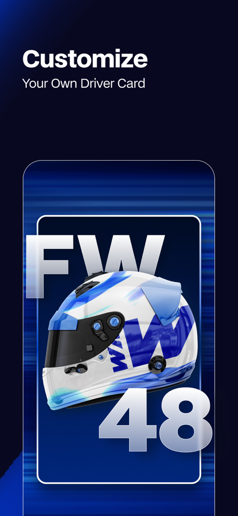 Screenshot of the Williams F1 app feature to customize a personal driver card featuring a racing helmet