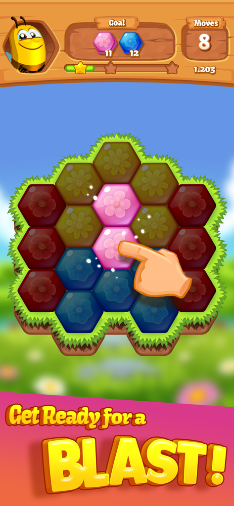 Bee Brilliant Blast - Gameplay of Bee Brilliant Blast showing a hand tapping on pink hexagonal flower tiles in a puzzle grid