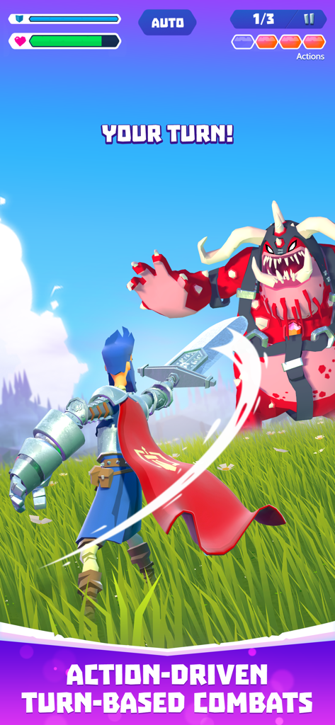 A knight in blue armor and a red cape faces a large red monster in a grassy field during a turn-based combat session.