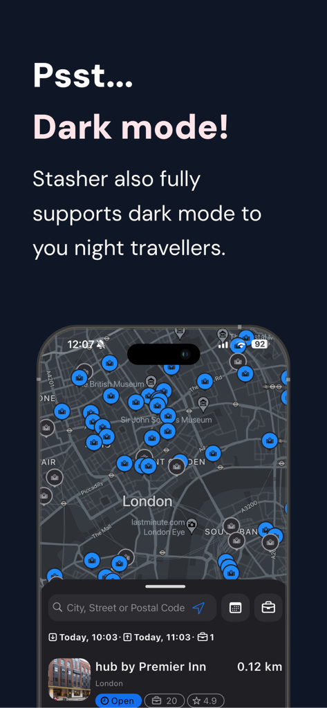 Stasher Luggage Storage - 어두운 모드에서 수하물 보관 장소를 보여주는 Stasher 앱 지도 인터페이스