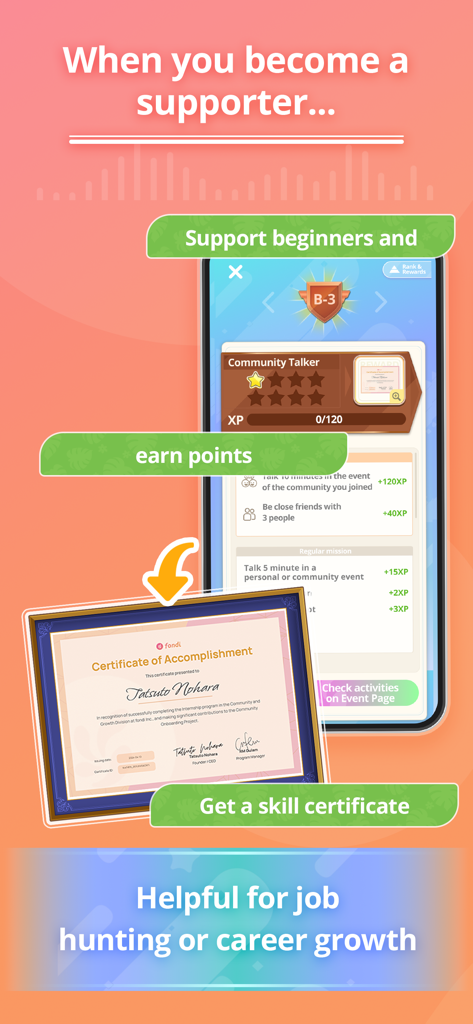 Infographic showing rewards for becoming a supporter in fondi including earning points and a skill certificate for career growth