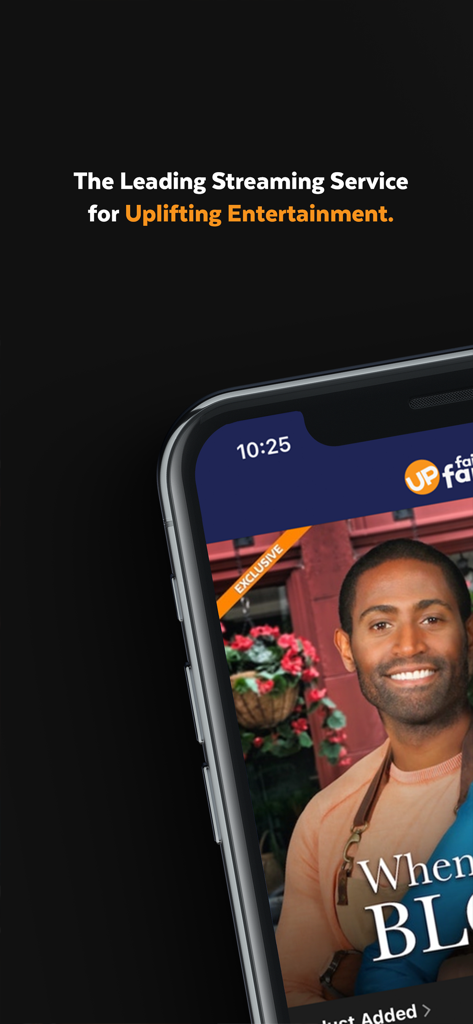 UP Faith and Family mobile app interface showing uplifting family entertainment content