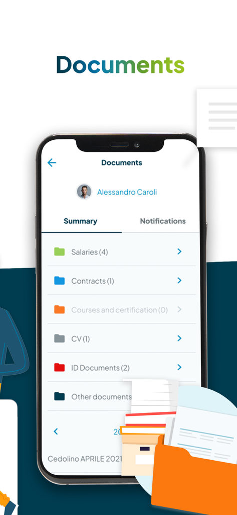 Fluida.io - Mobile app interface showing document management categories like salaries and contracts