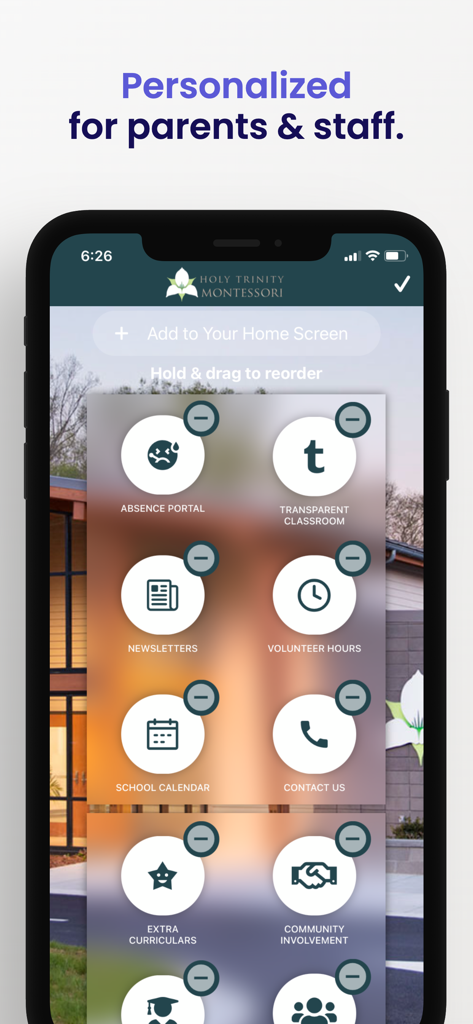 The Montessori App - A personalized home screen of The Montessori App showing school portals for newsletters, calendars, and classroom management.