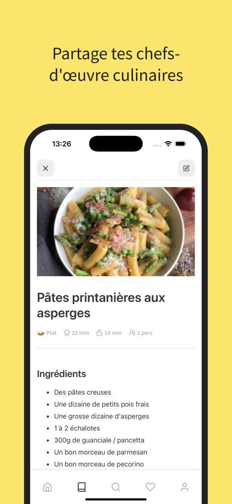 Miam : Livre de recettes - iPhone screen displaying a spring pasta recipe with asparagus within the Miam app interface on a yellow background
