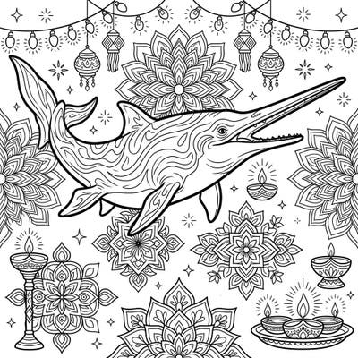 Discover a truly unique coloring experience with this Eurhinosaurus set amidst the radiant glow of Diwali. Immerse yourself in a festive scene combining prehistoric wonder with cultural celebration.