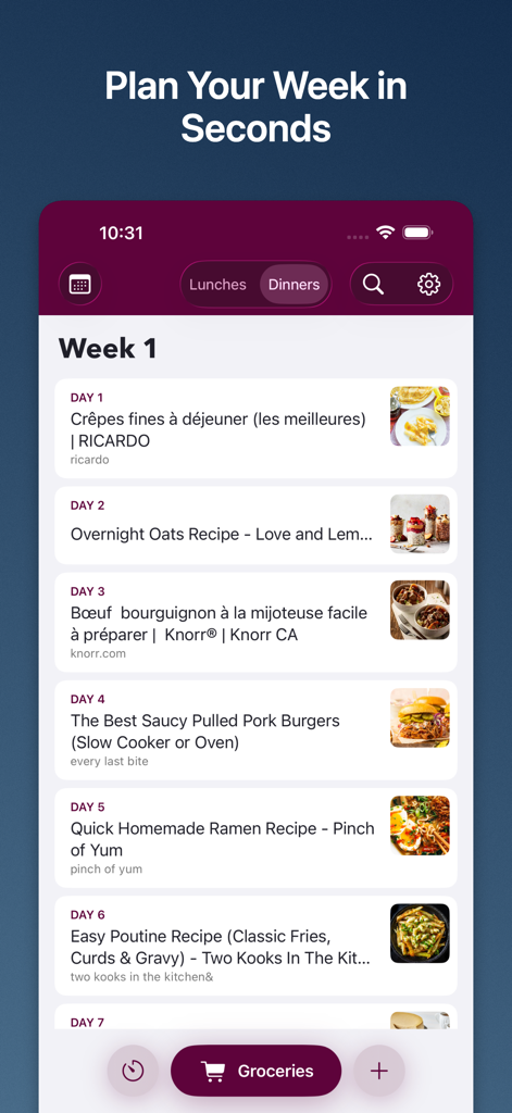 Weekly Chefs - Meal planner - Interface of Weekly Chefs app showing a weekly meal plan with various recipes