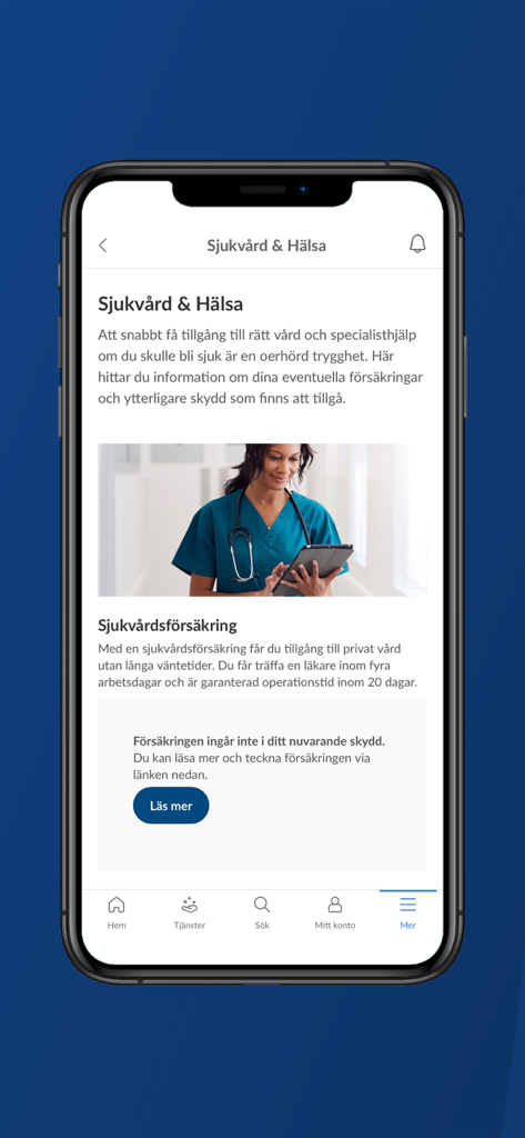 Säkra Total - Sakra Total mobile app interface showing healthcare and insurance information