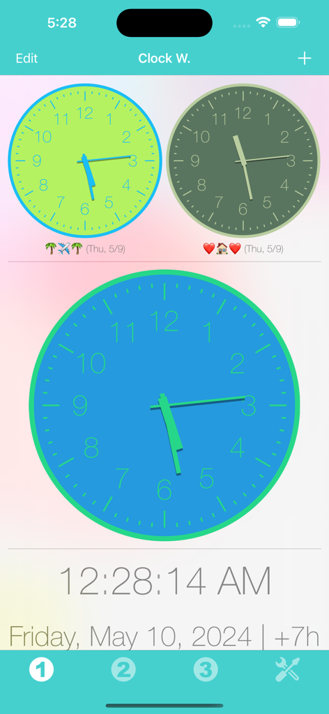 Clock Widget - Benutzeroberfläche der Clock Widget App, die mehrere analoge und digitale Uhren mit benutzerdefinierten Farben anzeigt
