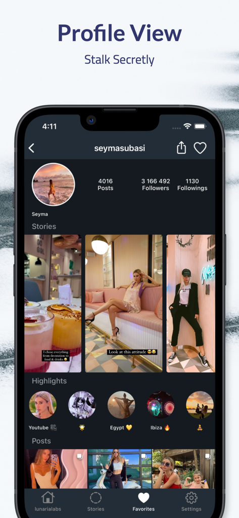 Who Profile: View for my Insta - Who Profile app screenshot showing an Instagram profile interface with story highlights and posts