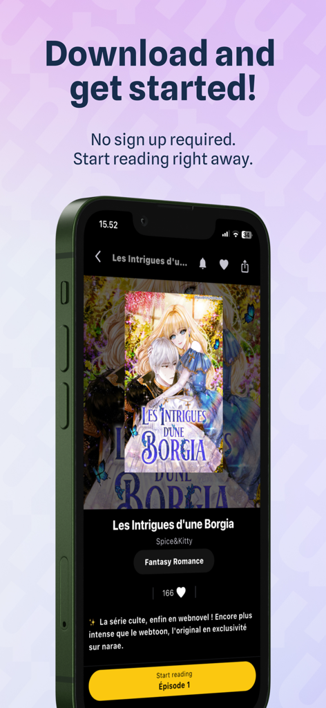 Narae - Web novels & Romance - App di web novel Narae su uno smartphone che mostra un titolo di romance fantasy in francese con il messaggio "non è richiesta alcuna registrazione"