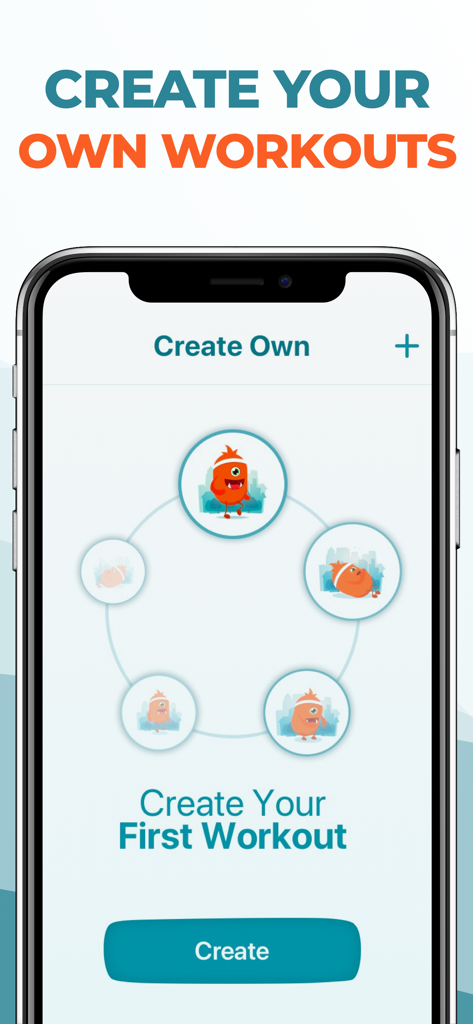 Écran de smartphone affichant la fonction de création d'entraînement personnalisé avec des personnages monstres orange.