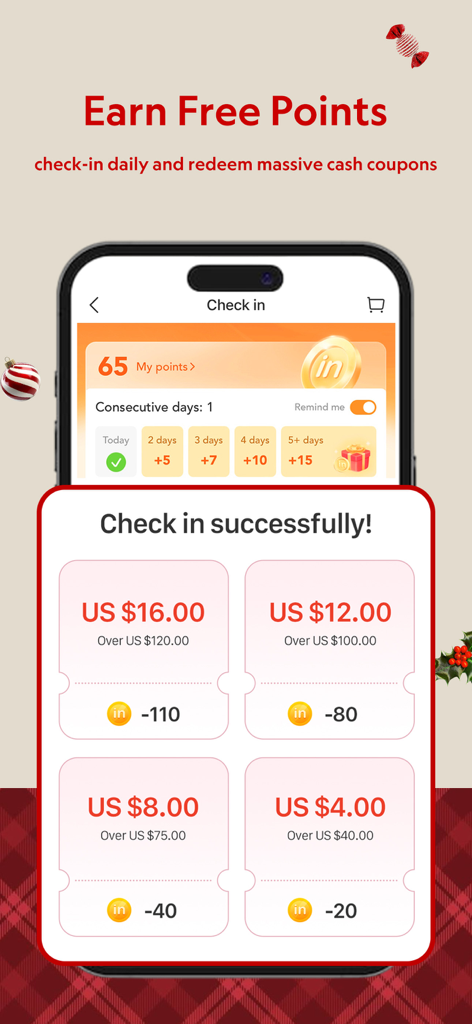 Pantalla de la aplicación LightInTheBox que muestra recompensas de check-in diario y cupones de descuento para compradores.