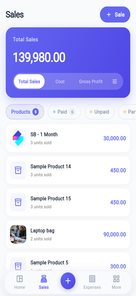 SmartBusiness Bookkeeping App - Dashboard delle vendite dell'app SmartBusiness Bookkeeping che mostra entrate totali e performance dettagliate delle vendite dei prodotti.