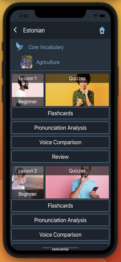 Bluebird: Learn Estonian - Interfaccia dell'app Bluebird che mostra lezioni di estone per principianti sull'agricoltura con opzioni per quiz, flashcard e analisi della pronuncia
