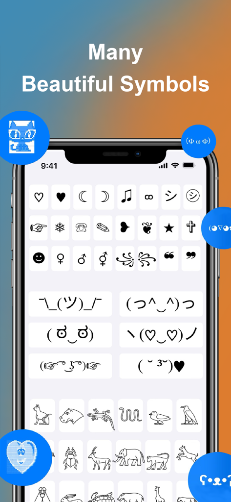 Font Keyboard - Auto Paste - Mobile app interface showing a variety of aesthetic symbols and kaomoji expressions.