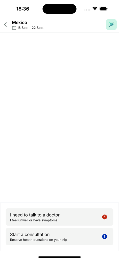 famba - famba app screen showing medical consultation options for a trip to Mexico