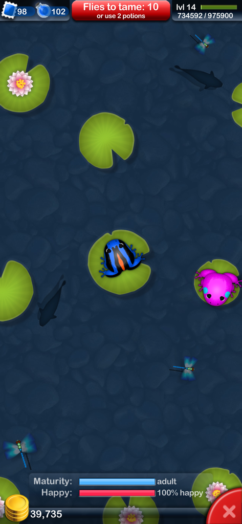 Dos ranas coloridas sentadas sobre nenúfares en un estanque tranquilo con libélulas