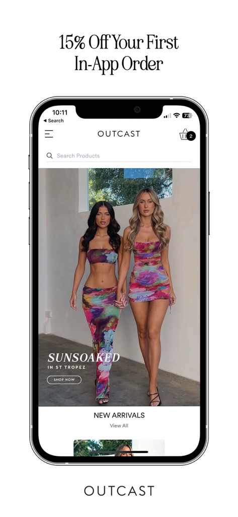 Outcast mobile app home screen featuring two models in colorful festival wear outfits with a fifteen percent discount offer