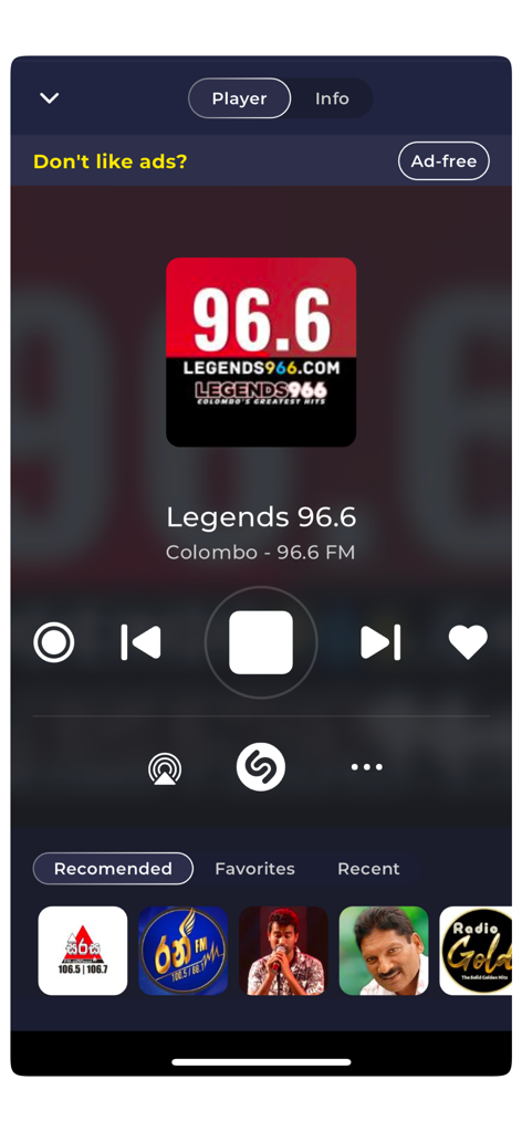 Radio Sri Lanka Live Online FM - Interfaccia del lettore musicale dell'app Radio Sri Lanka che mostra la stazione Legends 96.6 FM