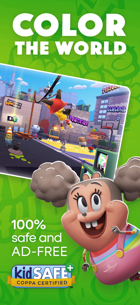 A screenshot of Word Tag educational game featuring a 3D platformer world with vocabulary words and a kidSAFE certification badge