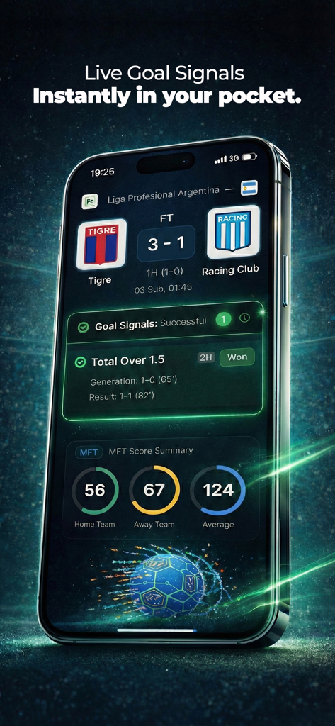 Shutli - Live Match Analysis - A smartphone displaying the Shutli app interface with live soccer match analysis and successful goal signal notifications