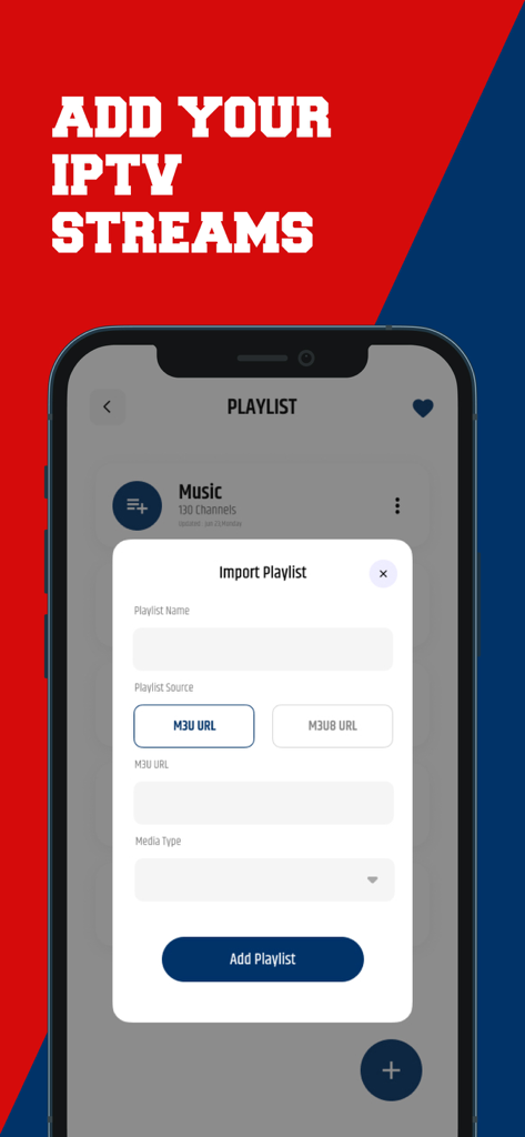 Screenshot of the import playlist screen in Streameast app showing fields for M3U URL and media type