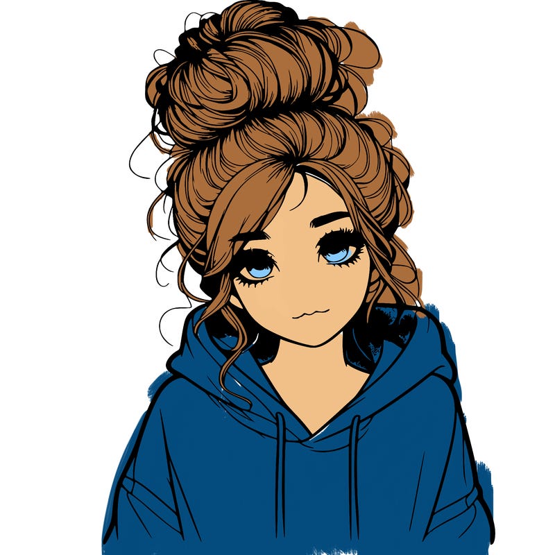 realistic girl with a massy bun and a hoodie