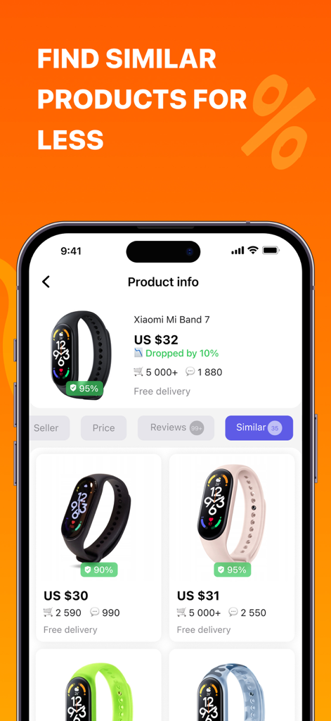 Pantalla de la aplicación móvil AliHelper que muestra la comparación de productos similares y bajadas de precio para un reloj inteligente
