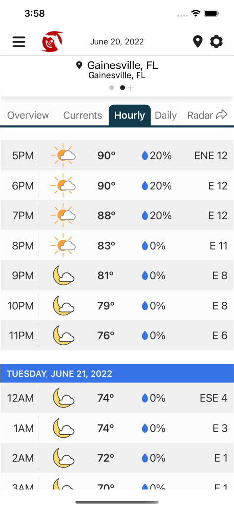 Florida Storms - Hourly weather forecast view in the Florida Storms app for Gainesville showing temperature and precipitation probability