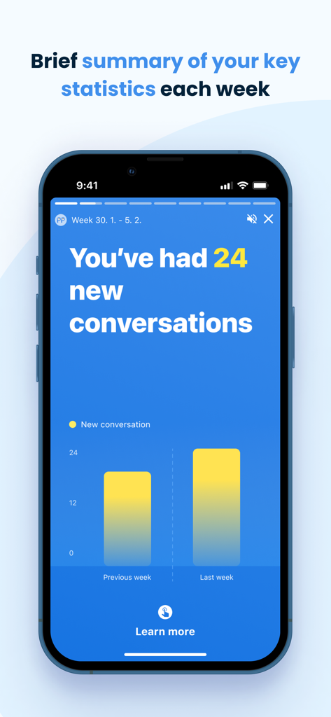 Schermata dell'app mobile Smartsupp che mostra un rapporto riassuntivo settimanale delle nuove conversazioni con i clienti con un grafico a barre comparativo
