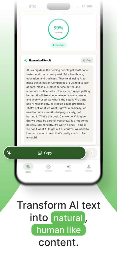 Undetectable AI app interface showing humanized text result with a 99 percent score.