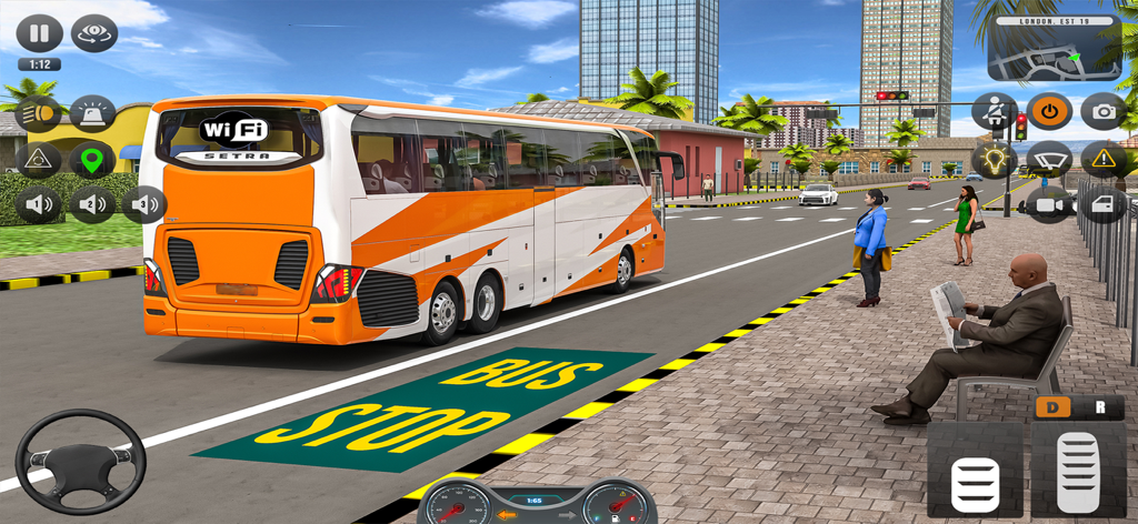 An orange and white passenger bus stopped at a city bus stop in the Urban City simulation game