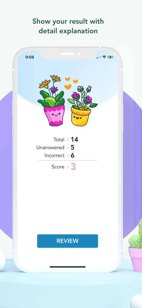 IELTS Reading - Advanced - Screenshot of the IELTS Reading Advanced app results page showing a score summary and a review button.