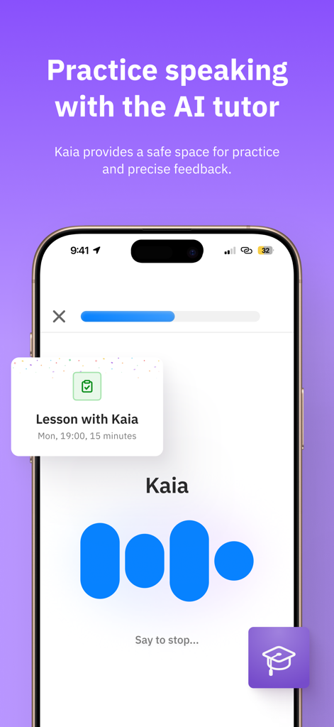 Fluentbe - Fluentbe app interface showing a speaking lesson with AI tutor Kaia