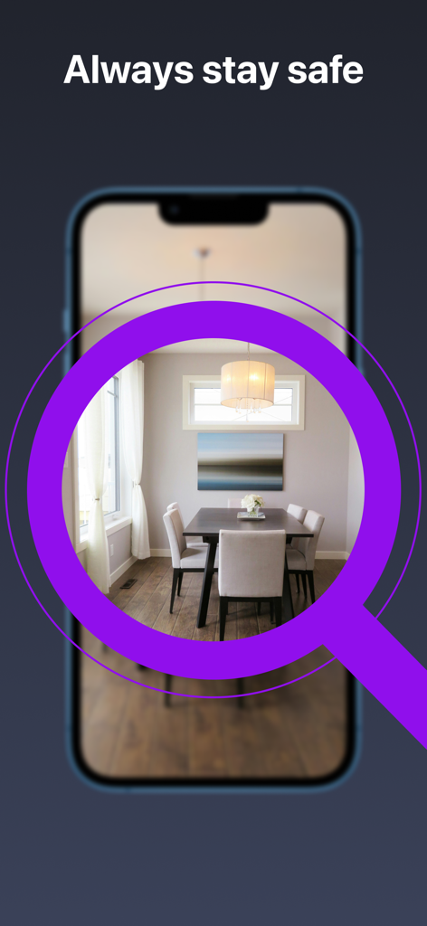 App interface scanning a dining room for hidden cameras to ensure privacy and safety
