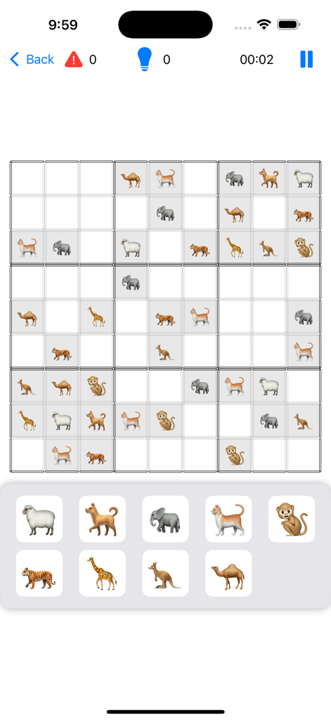 Sudoku – Numbers & Symbols - Uma grade de Sudoku nove por nove com ícones de animais em vez de números.