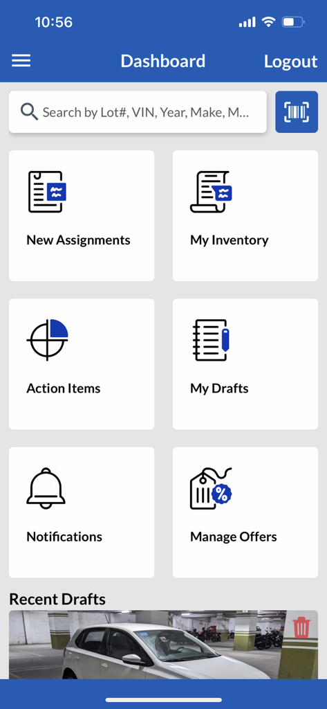 Copart GO mobile app dashboard showing menu options for new assignments, inventory, and offers
