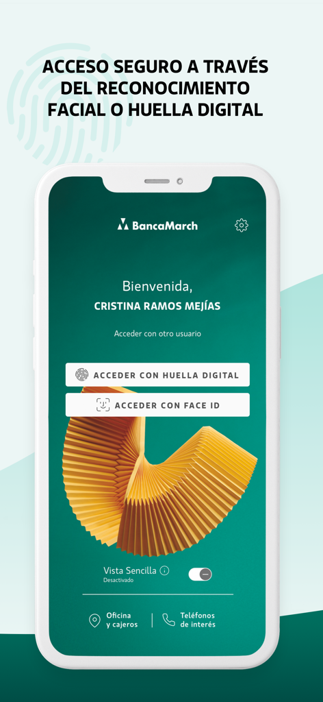 Banca March app login screen featuring biometric security options including Face ID and fingerprint recognition