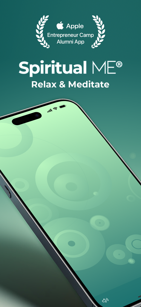 Spiritual Me: Meditation App - Spiritual Me meditation app splash screen with the tagline Relax and Meditate and a calming green ripple pattern on an iPhone