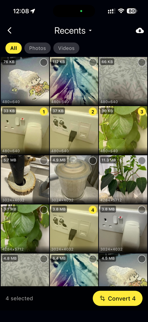 LOWER camera app interface showing a grid of photos with high and low resolution file size comparisons for batch conversion