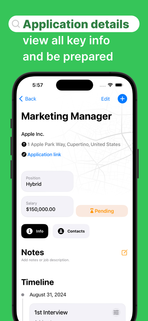 Job search organizer Applied - Vista detallada de la solicitud de empleo en la aplicación Aplicado mostrando el puesto de Gerente de Marketing en Apple con salario y estado de la entrevista
