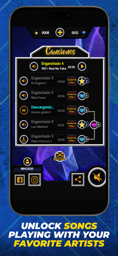 The Cumbia Hero - Song selection screen in The Cumbia Hero game showing unlockable Cumbia medleys and artists